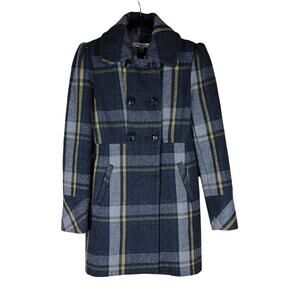 American Rag Cie Wool Business Casual Blue Yellow Preppy Formal Plaid Pea Coat